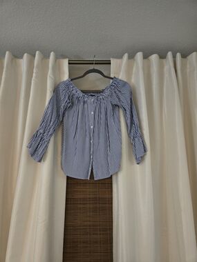 Timing Blue & White Striped Off-Shoulder Button-Up Blouse